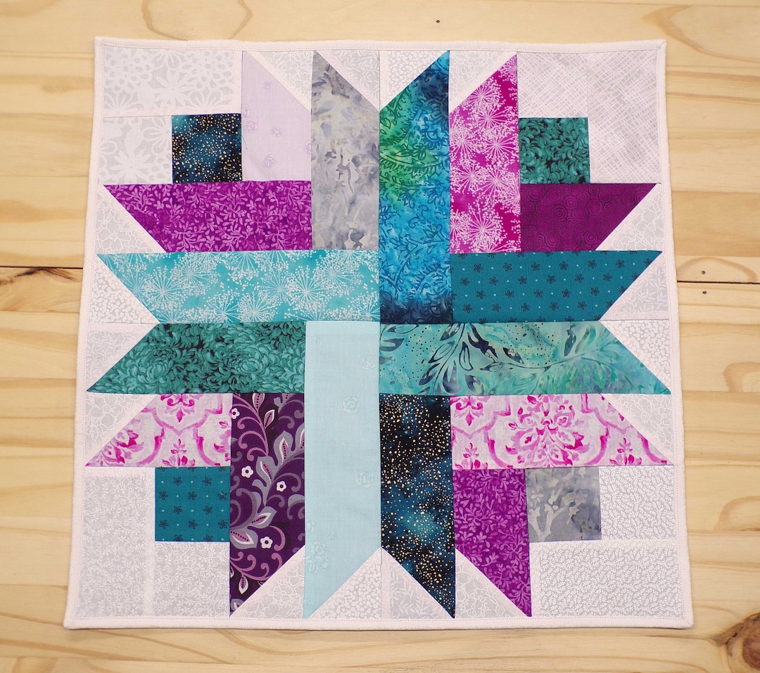 Quilted Centerpiece Quilted Table Topper Square Table Quilt Teal Purple Quilt Centerpiece Quilt
