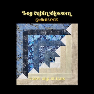 Op de afbeelding: Een vierkant quiltblok met een Log Cabin Blossom-ontwerp. Het blok heeft verschillende tinten blauwe stoffen, waaronder paisley- en bloempatronen, gerangschikt in een spiraalpatroon. De tekst "Log Cabin Blossom, Quilt BLOCK" staat bovenaan.