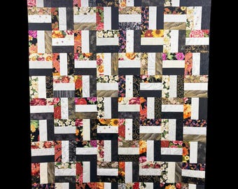 UNFINISHED Quilt top, Black floral & white accent quilt top, Dark floral quilt to finish, Rail fence flower quilt