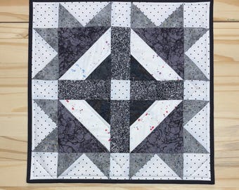 Gray & white monochrome quilted topper, Diamond star table quilt, Handmade quilted centerpiece