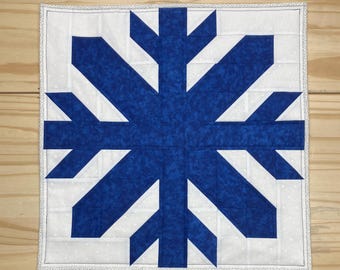 Blue snowflake table quilt, Handmade quilted winter topper, Blue & white snowflake decoration quilt