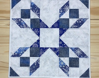 Winter blue snowflake table topper, Silver accent snowflake table quilt, Snow flurry quilted table decoration
