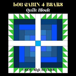 Bloco de colcha Log Cabin 4 Bears, Padrão Bear Paw & Log Cabin, Variação do bloco de colcha Log Cabin, Compatível com Jellyroll, Tutorial de colcha digital