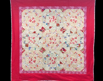 Red & pink star quilt with yellow minky backing, Golden accent lap or baby quilt with Asian floral prints, 48x48” quilted blanket