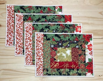 4 set Christmas placemats, Quilted Holiday placemats, Winter table linens