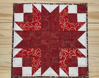 Red & gold quilted topper, Red flowering star table quilt, 16x16” red star centerpiece quilt