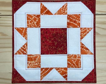 Orange star table topper, Red & orange star table quilt, Hand quilted 12x12 centerpiece