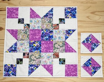 Large Star quilted table topper, Purple & blue floral table quilt, Flower star mini quilt with FREE mug rugs