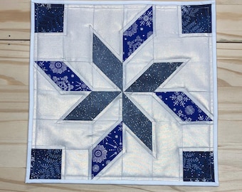 Winter snowflake table quilt, Blue snowflake & silver metallic quilted table topper, Holiday centerpiece quilt