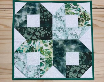 Green Shamrock flower table quilt, Green floral & white centerpiece quilt, Irish green floral table topper