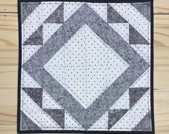 Gray diamond quilted table topper, 12x12” modern table quilt, Monochrome white & gray centerpiece decoration