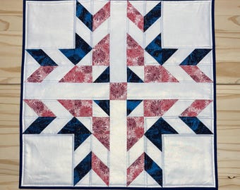 Large quilted star table topper, Red & blue star table quilt, Abstract star mini quilt