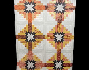 Log Cabin Double Star Quilt Top, Orange Yellow Metallic, 84x56 Throw