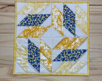Purple pansy & yellow table quilt, Triple pinwheel design quilted centerpiece, 12x12” quilted table decor