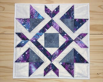 Abstract geometric star table quilt, Dark purple and blue constellation star quilted centerpiece
