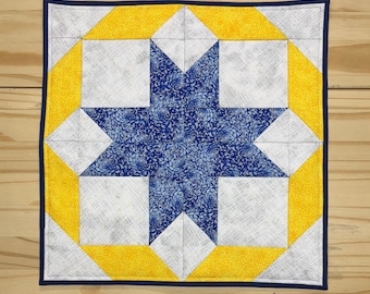 Blue hydrangea star table topper, Handmade Blue & yellow table quilt, Blue star quilted centerpiece