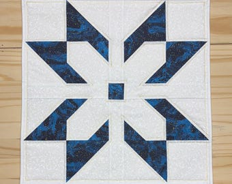 Navy snowflake centerpiece quilt, Blue & gold metallic snowflake décor, Winter holiday snowflake table topper