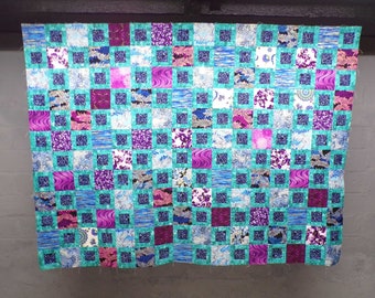 UNFINISHED quilt top | Quilt to finish | Throw quilt | Teal-aqua & purple quilt top | Patchwork quilt top | Square quilt pattern | Jeweltone