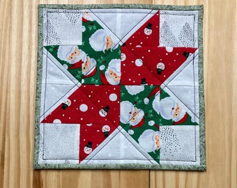 Santa & Snowman star table quilt, Christmas quilt topper, Kids stocking stuffer, Holiday star mug rug
