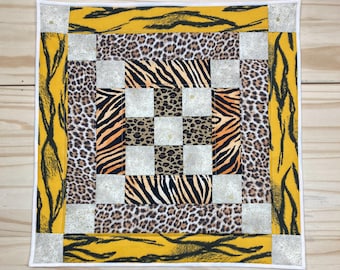 Animal print table quilt, Jungle fabric quilted centerpiece, Safari inspired quilted table topper