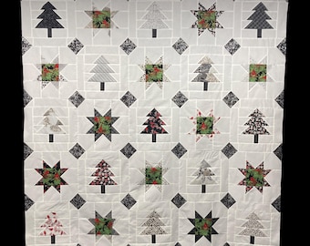 Christmas Star & Evergreen Tree Quilt Top, 60x60" Holiday Throw