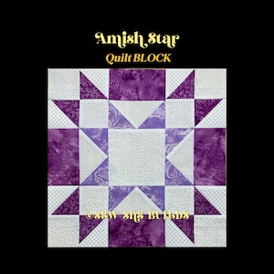 Könnte beinhalten: Ein quadratischer Quiltblock mit einem Sternmuster, der lila und weiße Stoffe aufweist. Der Block ist mit "Amish Star Quilt BLOCK" in goldfarbenem Text beschriftet. Das Design umfasst Dreiecke und Quadrate mit gemusterten und unifarbenen Stoffen. Der Text "©SEW SHE BUILDS" befindet sich unten.