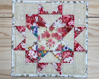 Red & pink floral table quilt, Double star table topper, 12x12 Handmade quilter centerpiece