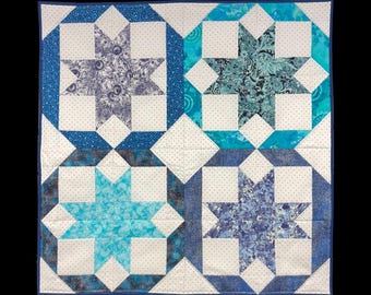 Large star table quilt, Blue & teal centerpiece quilt, Handmade quilted table topper, Dutch Tile quilted topper
