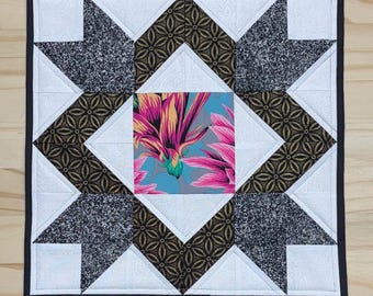 Handmade Diamond star table topper, Quilted star centerpiece, Black & pink floral table quilt