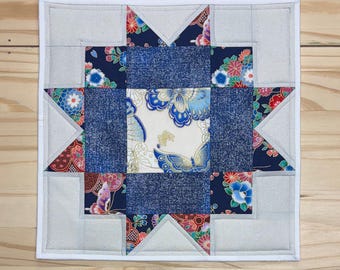 Blue floral star table topper, Maple star table quilt, Handmade floral quilted centerpiece