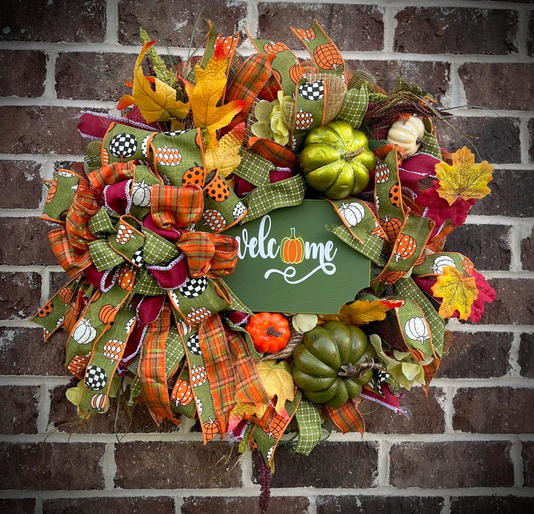 Green Orange Fall Welcome Wreath for Front Door Gift for Birthday ...