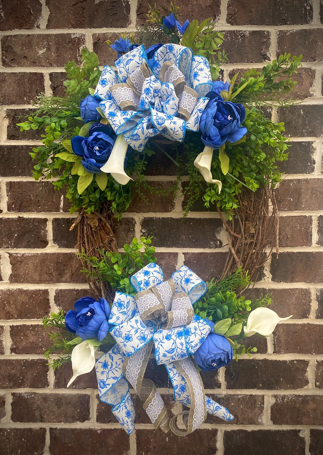 Blue Peony and Lily Wreath for Spring Summer Calla Lily Oval Etsy