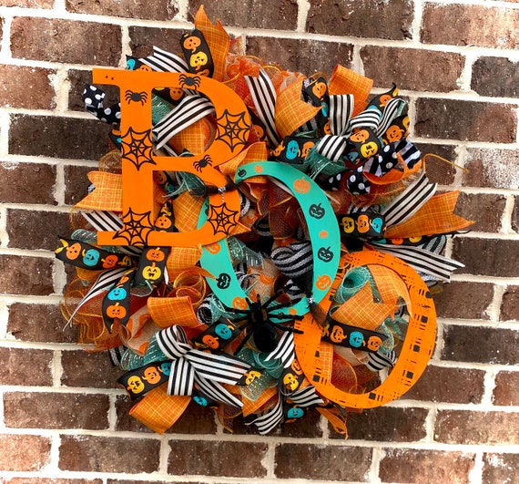 BOO halloween wreath for front door Halloween party decor gift for birthday housewarming hostess black orange & teal wreath