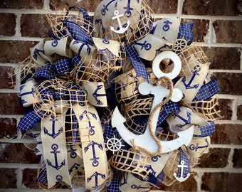 Nautical Anchor Wreath for front door Beach summer decor gift for wedding housewarming birthdays baby shower beach house boat