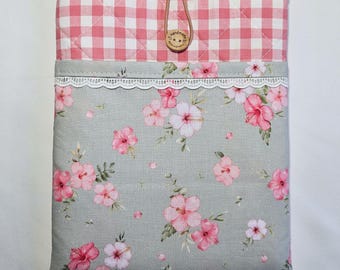 Gepolsterter Buchumschlag aus Baumwolle mit Blumenmuster, Knopf und Tasche, handgefertigter Buchhalter, handgefertigte 8/9"-Tablet-Hülle