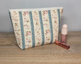 Neceser floral vintage hecho a mano, Estuche maquillaje romántico, Bolsa cosmética algodón con interior impermeable,  Organizador cosméticos