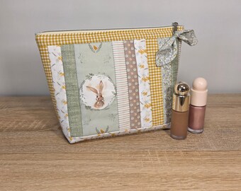 Neceser patchwork de tela con interior impermeable, Estuche de maquillaje, Bolsa cosmética con cremallera, Organizador cosméticos