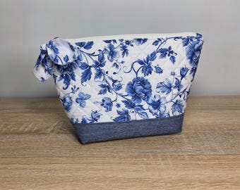 Neceser floral azul vintage, Estuche maquillaje Toile de Jouy, Bolsa cosmética algodón interior impermeable, Organizador maquillaje
