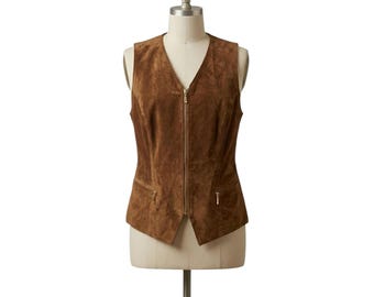 Vintage Danier Suede Leather Western Vest, Brown Cowgirl Boho Waistcoat (Size L)