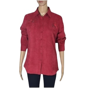 1990s Northern Reflections Red Faux Suede Shacket, Light Spring Fall Shirt Jacket, Retro Embroidered Shacket, Womens Vintage Jacket, Size S