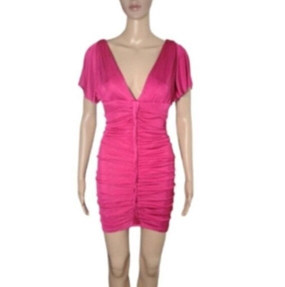 Vintage 1990s Marciano Hot Pink Ruched Dress | Cu… - image 7
