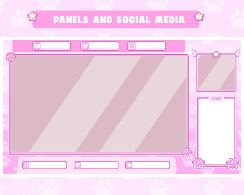 May include: A pink and white streamer panel template with paw print designs. The template includes sections for a video stream, chat, social media links, and donation buttons. The text "PANELS AND SOCIAL MEDIA" is at the top of the template.