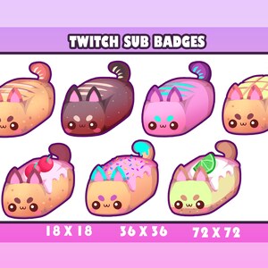 Könnte beinhalten: Satz mit 6 Twitch-Abo-Abzeichen mit niedlichen Cartoon-Katzen in verschiedenen Brot-Designs. Die Abzeichen sind in 3 Größen erhältlich: 18x18, 36x36 und 72x72.