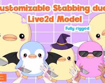 May include: A customizable Live2D model of a stabbing duck. The duck is yellow with a black bat wing and is holding a knife. There are three other ducks in the image, one is a blue penguin, one is a yellow duck with a witch's hat, and one is a pink duck with sunglasses.