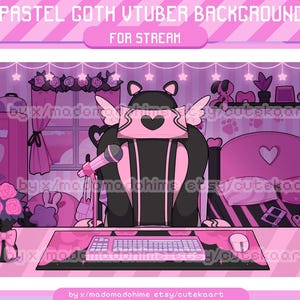 Puede incluir: Ilustración digital de un fondo VTuber gótico pastel. La escena es predominantemente rosa y presenta un escritorio con teclado, ratón y taza de café. También hay una cama, un armario y otros elementos decorativos.