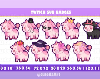 May include: Eight different Twitch sub badges featuring a pink cow with various accessories, including a crown, sunglasses, a hat, and a flower. The badges are in different sizes, ranging from 18x18 pixels to 112x112 pixels. The text "TWITCH SUB BADGES" and "@cuteKaArt" are also included in the image.