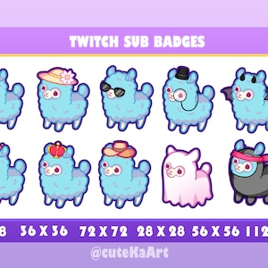 May include: A set of nine Twitch sub badges featuring a cute blue llama wearing different hats and accessories. The badges are in various sizes, ranging from 18x18 pixels to 112x112 pixels. The text "TWITCH SUB BADGES" and "@cuteKaArt" are also included in the image.