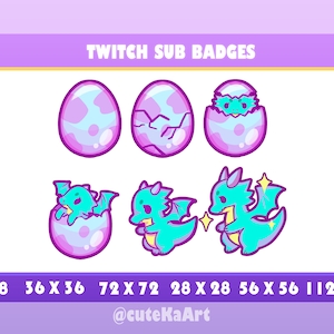 May include: Set of six Twitch sub badges featuring a cute cartoon dragon hatching from an egg. The badges are in various sizes, ranging from 18x18 pixels to 112x112 pixels. The badges are designed in a pastel color scheme with purple, blue, and pink colors. The text "TWITCH SUB BADGES" and "@cuteKaArt" are included in the image.