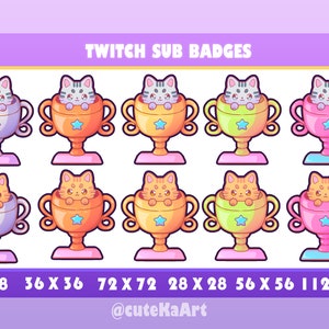 May include: Set of 10 Twitch sub badges featuring cute cartoon cats in trophy cups. The badges are in various sizes, including 18x18, 36x36, 72x72, 28x28, 56x56, and 112x112 pixels. The badges are in a variety of colors, including silver, gold, yellow, green, and pink.