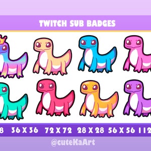 May include: Eight different Twitch sub badges featuring a cartoon lizard in various colors, including pink, blue, yellow, green, and purple. The badges are in different sizes, ranging from 18x18 to 112x112 pixels. The text "TWITCH SUB BADGES" and "@cuteKaArt" are also included in the image.